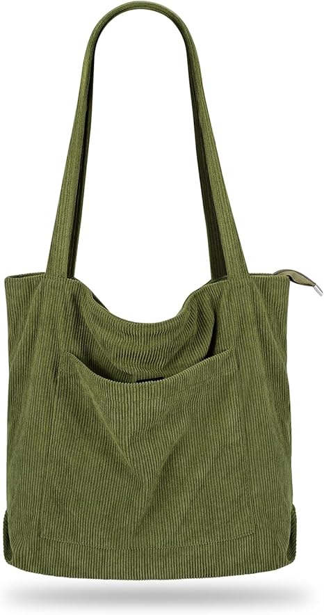 Green corduroy pocket tote bag